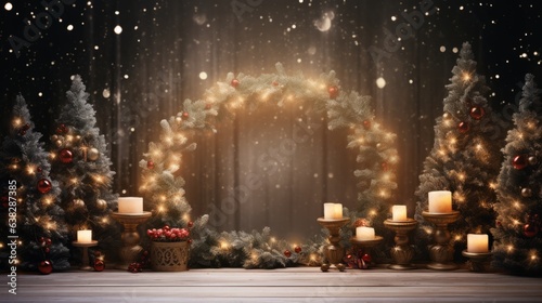 Joyful Christmas background featuring festive wreaths and lights