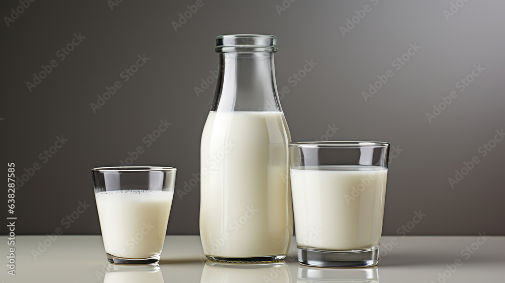 Glass of milk and a bottle of milk side by side. Glass of milk and a bottle of milk side by side.