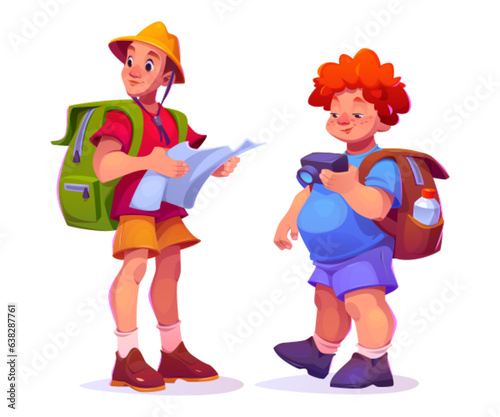 Vector tourist people character with backpack and map isolated illustration. Travel man with camera ready for journey adventure icon design. Active boy and fat young male hiker photographer group