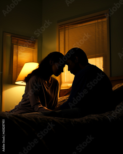 A couple sitting on their bed far apart, having serious relationship problems or issues with their sex life. Shallow field of view. 