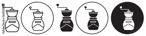 Coffee grinder icon. Flat vector symbol of beans crusher or cutter. Outline set of coffee mill machine with handle to roaster. Round logo of mill used in kitchen