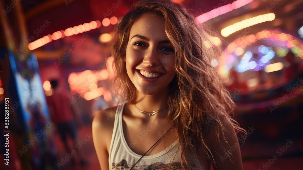 Cute girl in a t-shirt shoots a bow with arrows at a target in an amusement park, smiles, looks away from the camera. Generative AI Cute girl in a t-shirt shoots a bow with arrows at a target in an amusement park, smiles, looks away from the camera. Generative AI