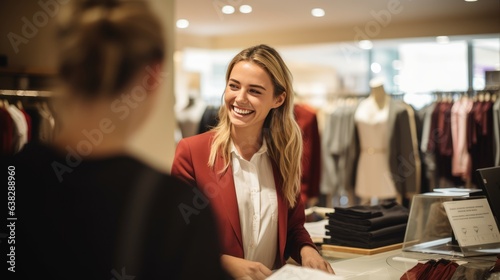 Photo A young department store clerk smiles at a customer at a clothing store