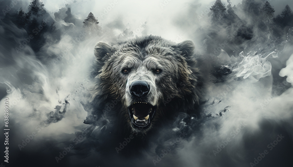 The contours of a bear face in the mist. Mist texture. Paint water mix. Gray glowing fog cloud wave abstract art background with free space. - obrazy, fototapety, plakaty 