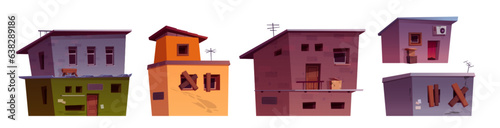 Cartoon set of poor ghetto houses isolated on white background. Vector illustration of slum buildings, abandoned city district, cheap shacks with dirty damaged facades, boarded windows, criminal area