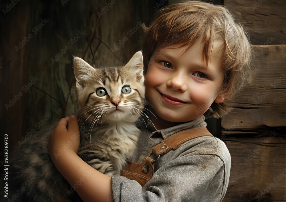 A boy holds a cat in his hands