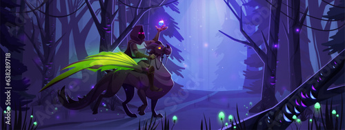 Mysterious knight riding griffin creature in night forest. Vector cartoon illustration of fairy tale warrior holding magic crystal ball in hand, sitting on fantastic hippogriff monster, spooky road