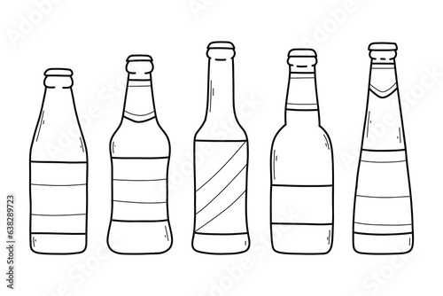 Set of beer bottles in doodle style. Linear collection of bottles. Vector illustration.