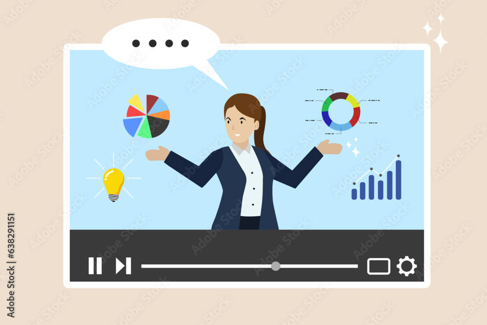 Explanatory video training course, expertise explaining online business strategy, video clips or tutorials, expert entrepreneur explaining business pie chart in video interface. Explanatory video training course, expertise explaining online business strategy, video clips or tutorials, expert entrepreneur explaining business pie chart in video interface.