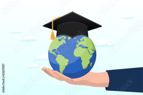Success graduated student holding globe shape wearing academic mortarboard hat, study abroad world education curriculum, overseas school, college and university or international academic (Vector)