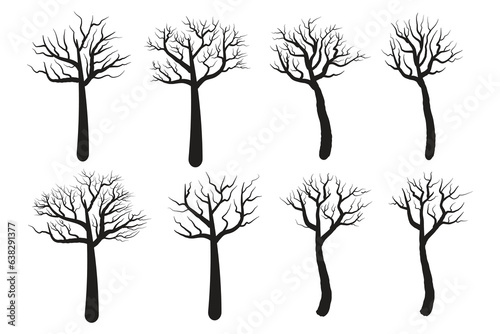 
set of hand-drawn Halloween dry, dead, spooky, scary tree vector silhouette, Halloween creepy old dry No leaves svg clipart, Winter Naked Black Branch bare branches trees silhouettes vector elements