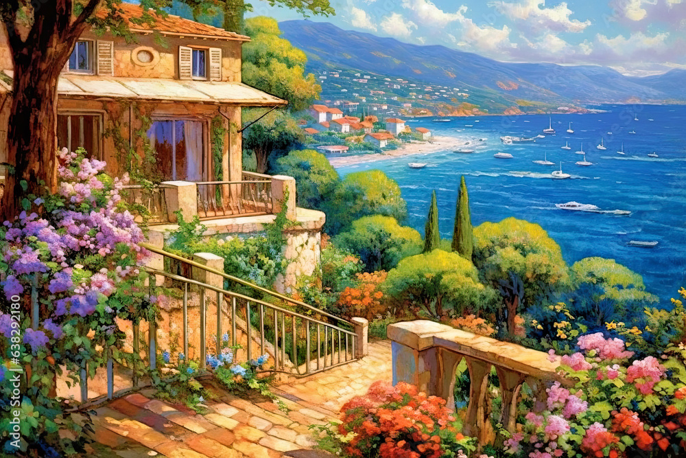 Beautiful coastal view and cute cottage - obrazy, fototapety, plakaty 