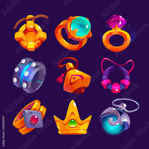 Game icons of jewelry, gold rings, necklace with diamond, bracelets and pendants. Luxury fashion accessories from gold and silver with gems, vector cartoon illustration