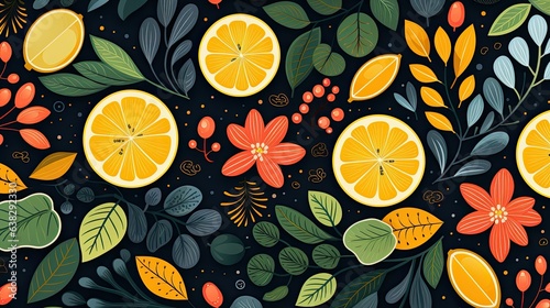 Colorfull fruit and leaves pattern background.