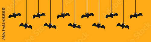 Happy Halloween banner border with bats hanging from spider webs. Spooky Ornaments Decoration Vector illustration, trick or treat party invitation