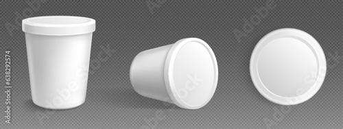 Plastic ice cream tub container mockup. 3d white paper yogurt round package box vector with different view design. Realistic blank clear gelato icecream product tube packaging template for branding