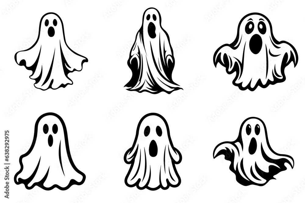 Collection of simple flat ghosts vector. Halloween scary ghostly monsters cartoon. Cute cartoon spooky character Collection of simple flat ghosts vector. Halloween scary ghostly monsters cartoon. Cute cartoon spooky character