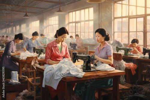 Asian Chinese seamstress female worker in textile factory