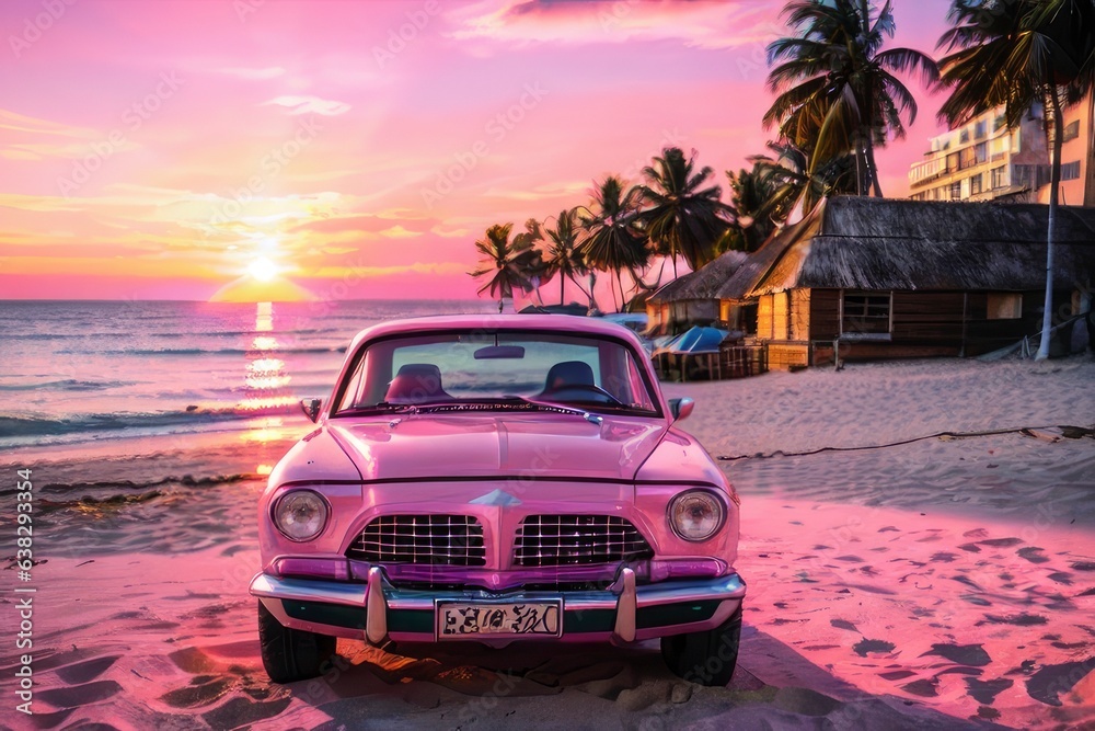 pink car on the beach