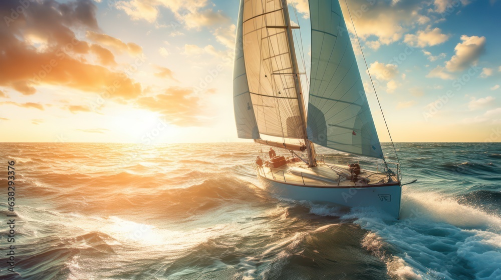 Yacht sailing the sea with sunset view  - obrazy, fototapety, plakaty 