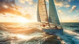 Yacht sailing the sea with sunset view 