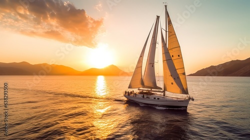 Yacht sailing the sea with sunset view 