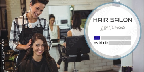 Composite of hair salon gift certificate text over biracial female hairdresser with female client
