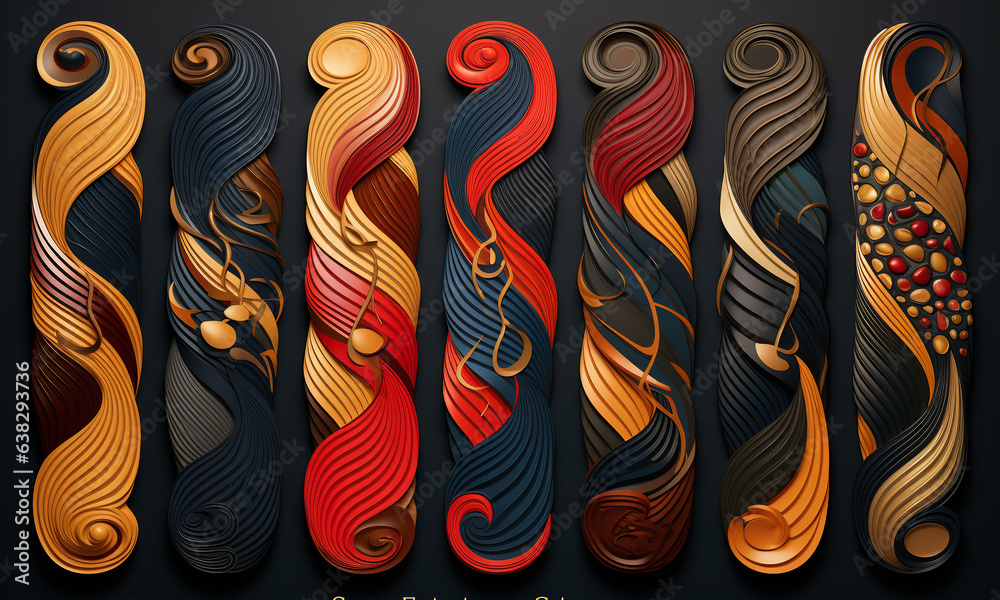 Obraz premium Various graphic patterns, vertical stripes, silk satin style, with artistic ornaments, festive elegance. Dussehra Indian silk, vintage red and gold, traditional Indian art, glittery satin material 