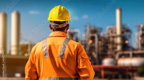 back view of worker at oil refinery 