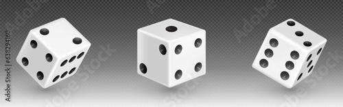 White 3d isolated realistic dice for casino game vector icon. Backgammon lucky cube roll with 1, 6 or two dot number. Random rolling square luck choice for poker gaming entertainment illustration