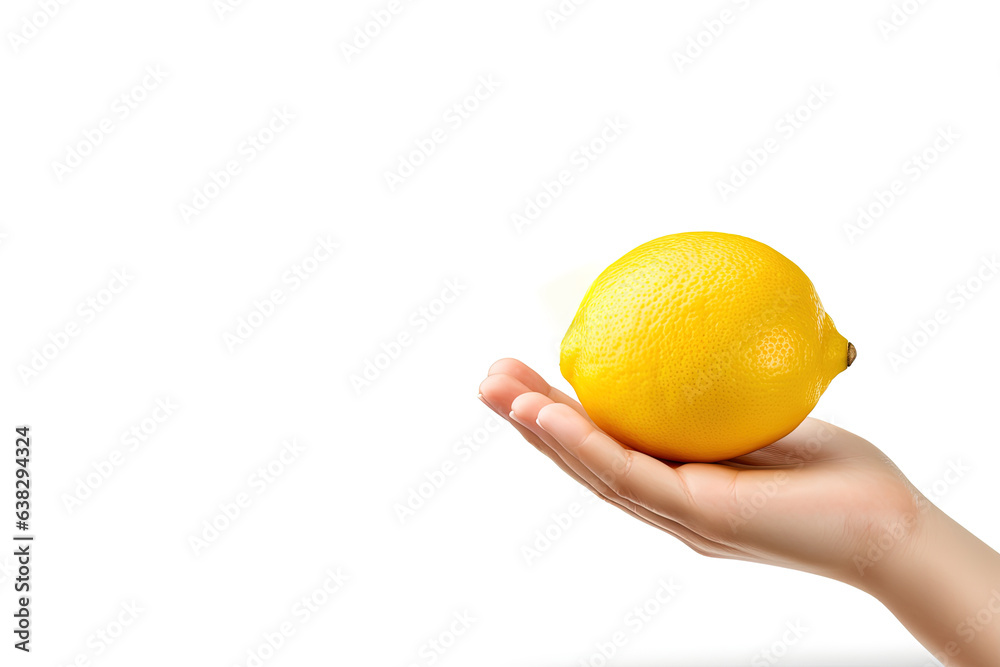 Lemon in hand isolated on white background with copy space Lemon in hand isolated on white background with copy space