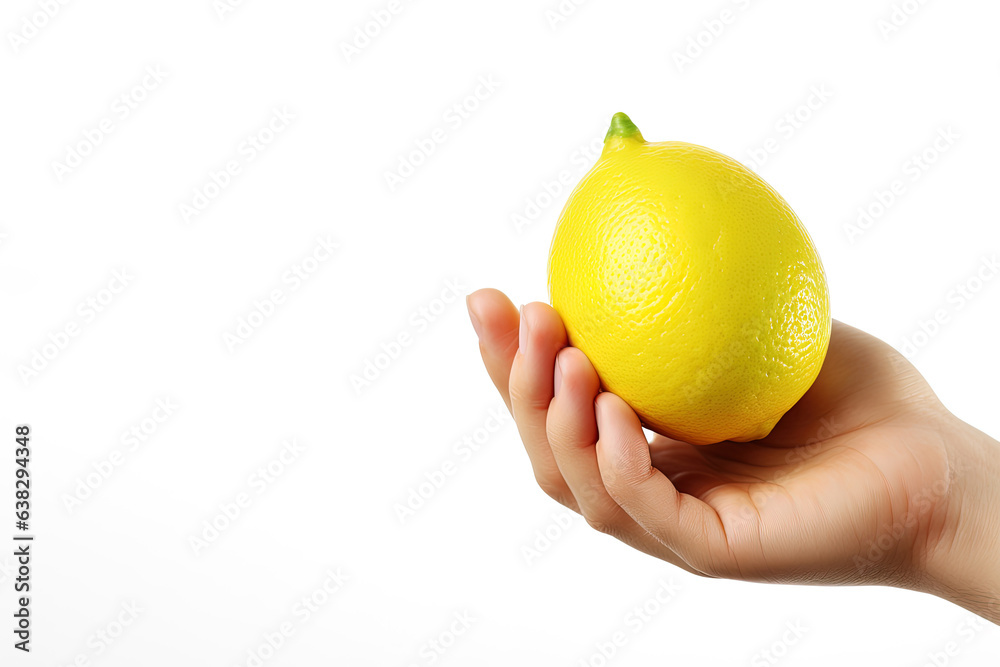 Lemon in hand isolated on white background with copy space Lemon in hand isolated on white background with copy space