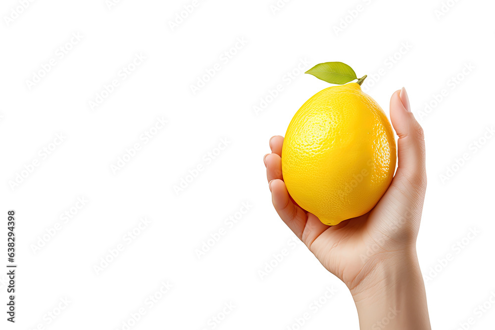 Lemon in hand isolated on white background with copy space Lemon in hand isolated on white background with copy space