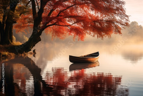 serene ambiance of an autumnal forest. Morning mist rises gently off a calm pond, reflecting fiery-red maple trees and golden oak leaves. The stillness is only broken by a lone wooden rowboat tied to 