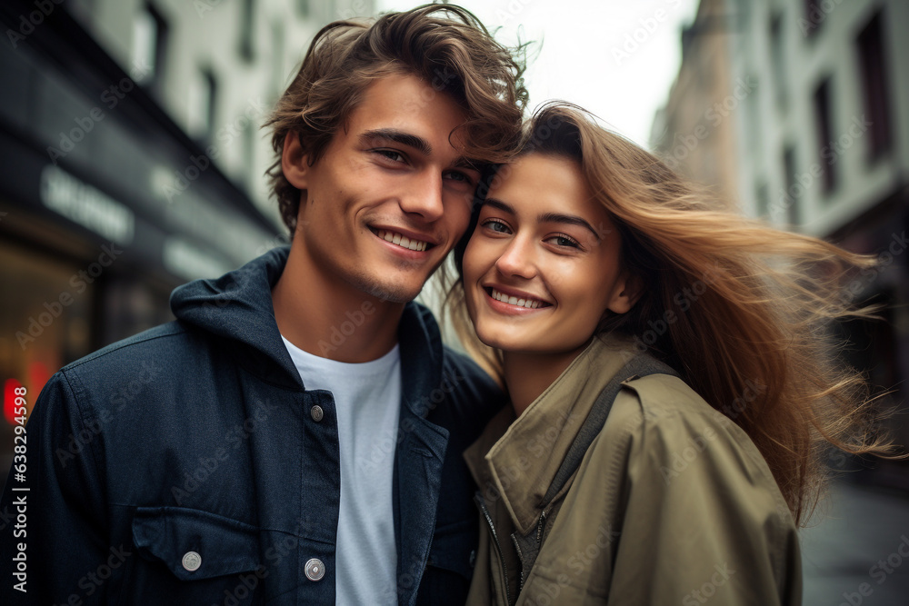 Lifestyles, relationship and multicultural concept. Happy young and beautiful couple walking in city. Joyful mood. Cityscape in background. Autumn weather. Generative AI Lifestyles, relationship and multicultural concept. Happy young and beautiful couple walking in city. Joyful mood. Cityscape in background. Autumn weather. Generative AI
