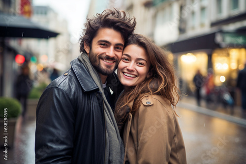 Lifestyles, relationship and multicultural concept. Happy young and beautiful couple walking in city. Joyful mood. Cityscape in background. Autumn weather. Generative AI