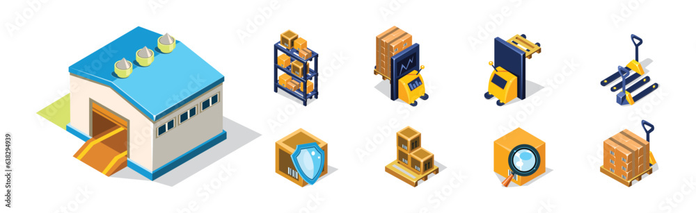Warehouse Objects with House and Cardboard Box on Shelves Isometric Vector Set Warehouse Objects with House and Cardboard Box on Shelves Isometric Vector Set