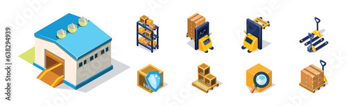 Warehouse Objects with House and Cardboard Box on Shelves Isometric Vector Set
