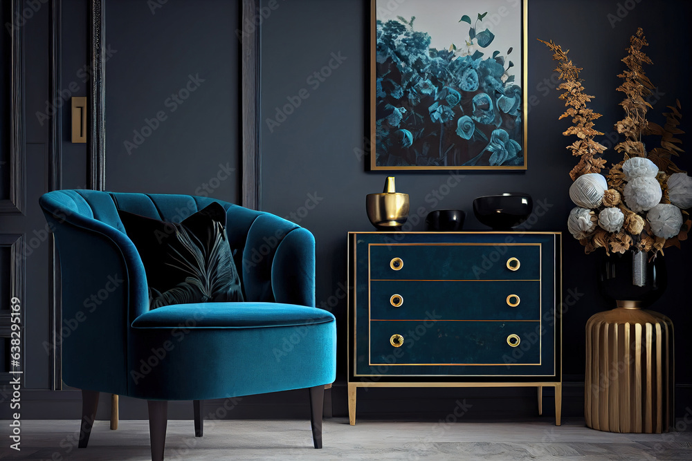 Blue classic armchair next to elegant cabinet in living room. Illustration generative AI - obrazy, fototapety, plakaty 