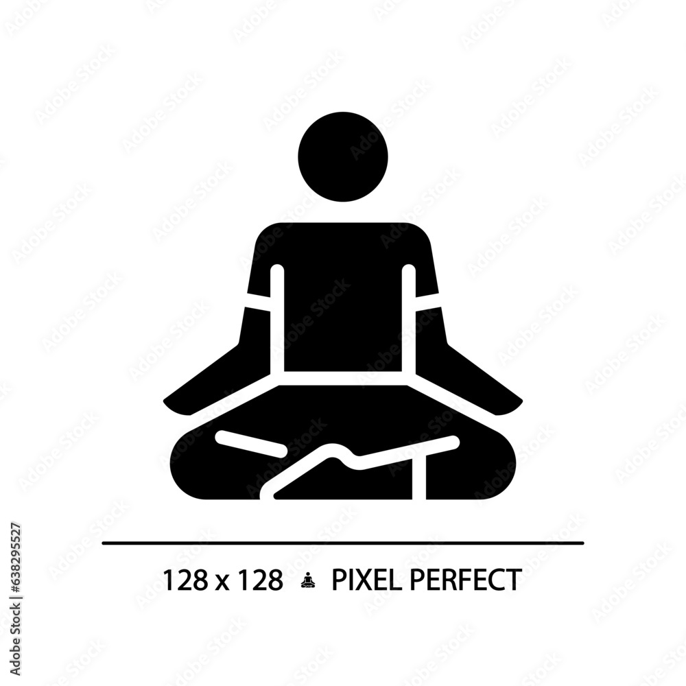 2D pixel perfect silhouette glyph style lotus position icon, isolated vector, meditation illustration, solid pictogram. 2D pixel perfect silhouette glyph style lotus position icon, isolated vector, meditation illustration, solid pictogram.