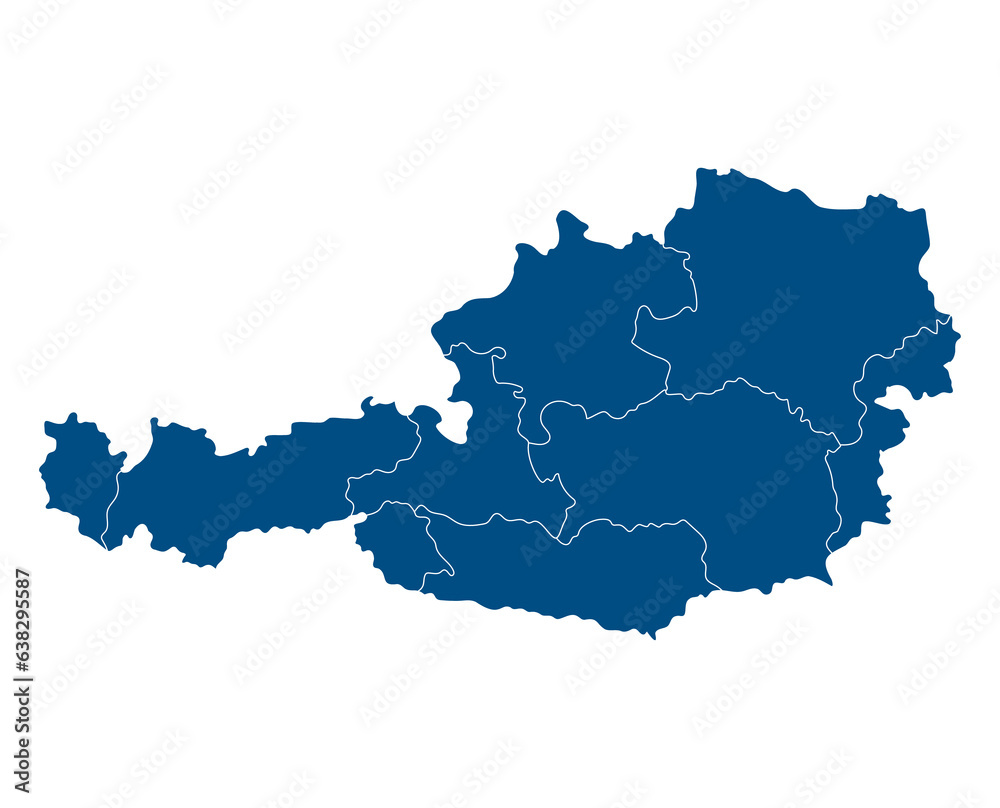 Austria map region administration blue color. Flag of Austria