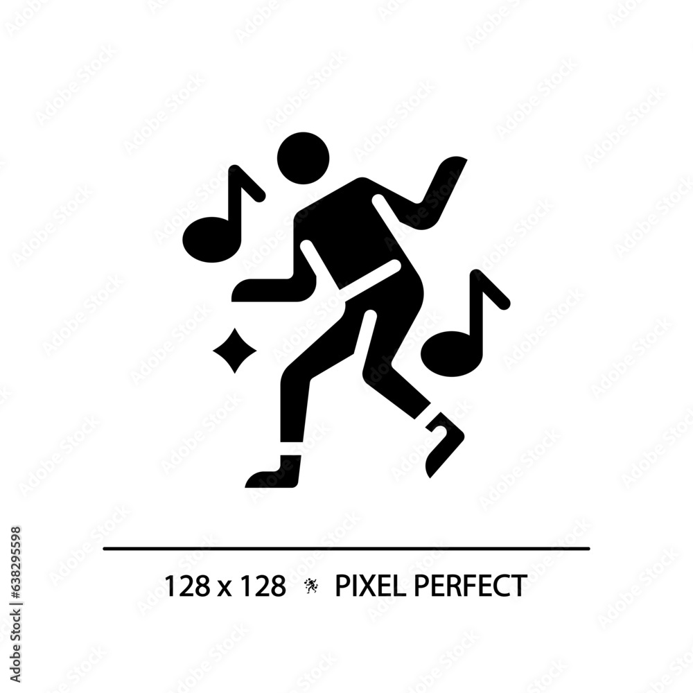 2D pixel perfect silhouette glyph style dance icon, isolated vector, illustration, solid pictogram. 2D pixel perfect silhouette glyph style dance icon, isolated vector, illustration, solid pictogram.