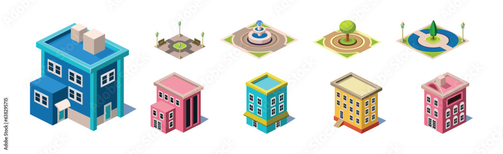 Isometric City Building and Apartment Structure with Park Zone Vector Set Isometric City Building and Apartment Structure with Park Zone Vector Set