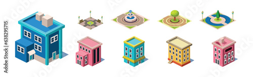 Isometric City Building and Apartment Structure with Park Zone Vector Set