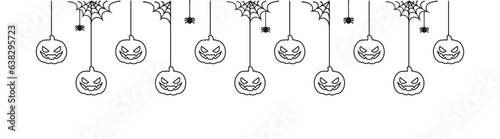 Happy Halloween banner border with jack o lantern pumpkins hanging from spider webs. Spooky Ornaments Decoration Vector illustration, trick or treat party invitation