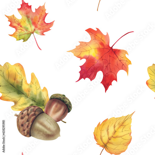 Seamless pattern of maple leaves and acorns. Watercolor illustration. Autumn composition. Thanksgiving, Halloween.