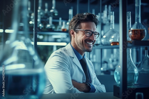 Man is conducting experiments wearing a scientist's lab coat against a laboratory background.