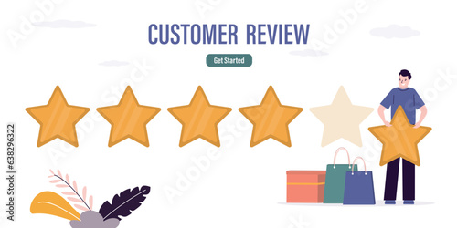 Customer review concept. Client satisfaction, businessman hold and give star. Five stars rating, high quality concept. Online survey, feedback. Horizontal banner.