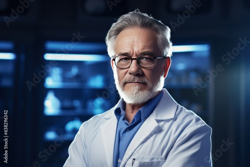 Man is conducting experiments wearing a scientist's lab coat against a laboratory background.
