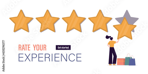 Rate your experience, landing page. Customer review. Client satisfaction, businesswoman hold and give star. Five stars rating, high quality concept